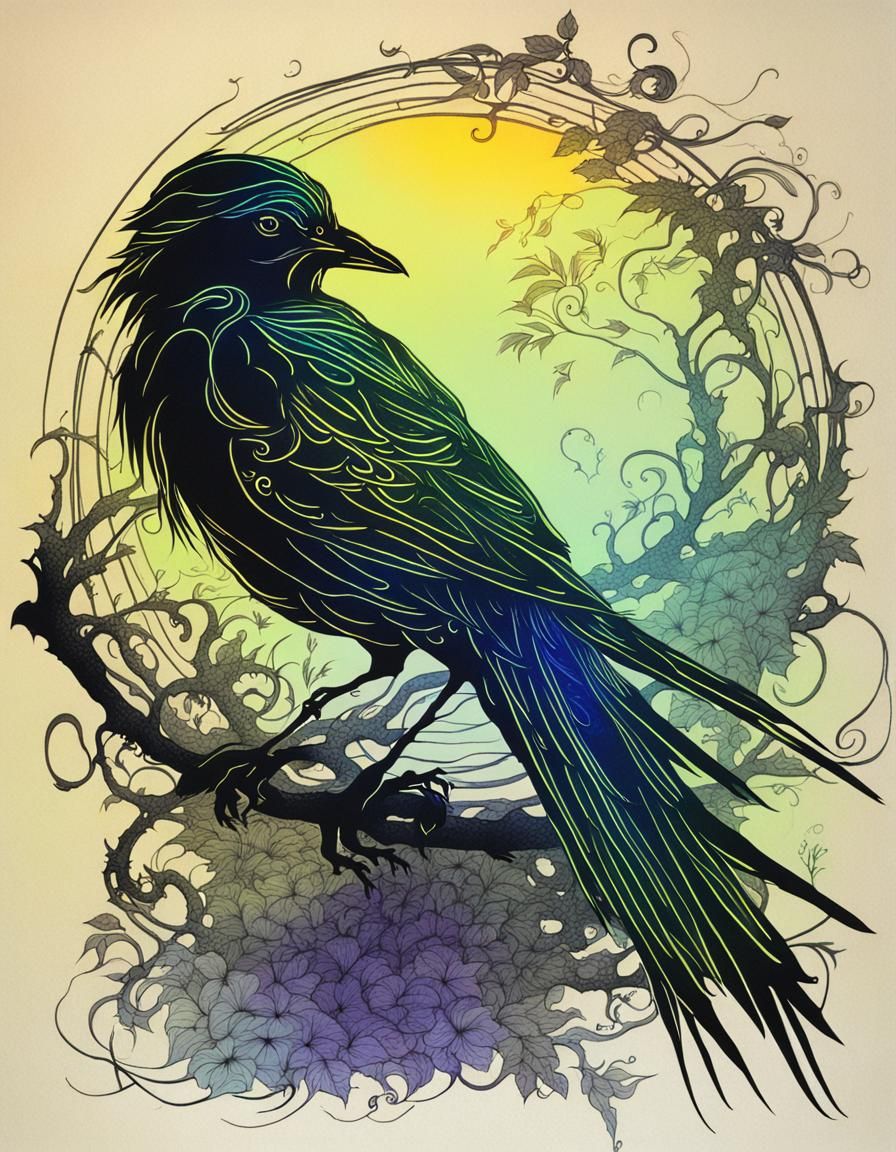 Neon Fantasy Bird Silhouette in Art Nouveau Style