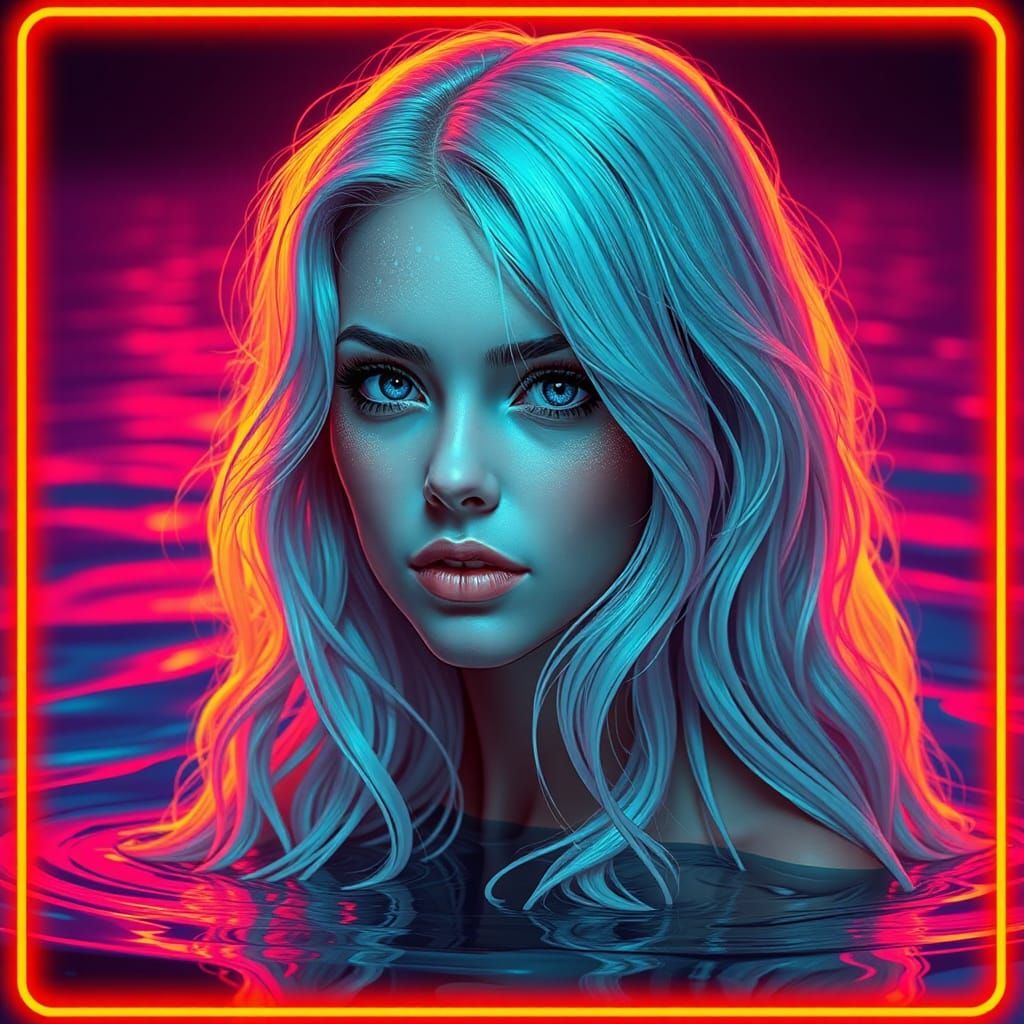 Synthwave Mermaid with Flowing Hair in Ocean