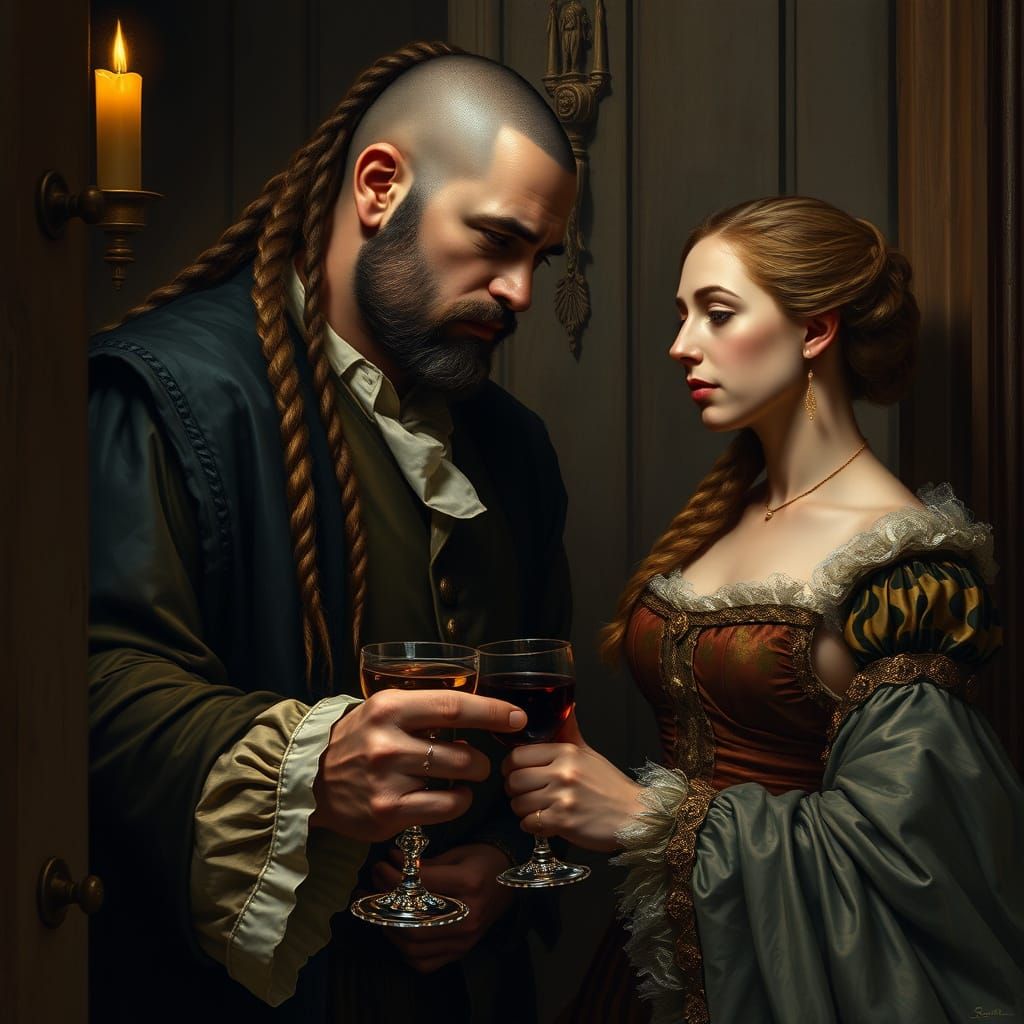 Charming Renaissance Gentleman Enchants Lady in Candlelit Ha...