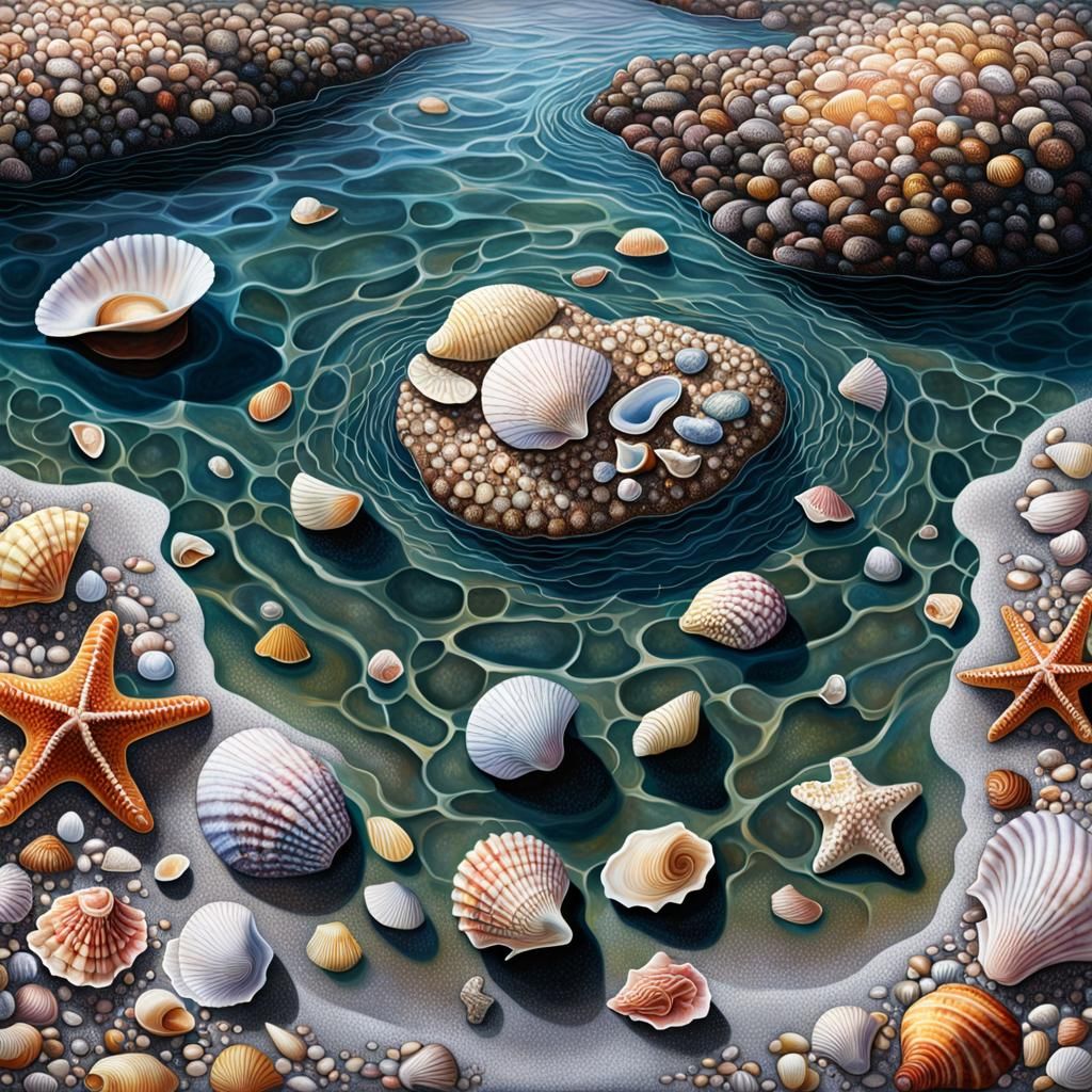 beachcomber, rock pool, beach, seashells, hyperrealistic, tr...