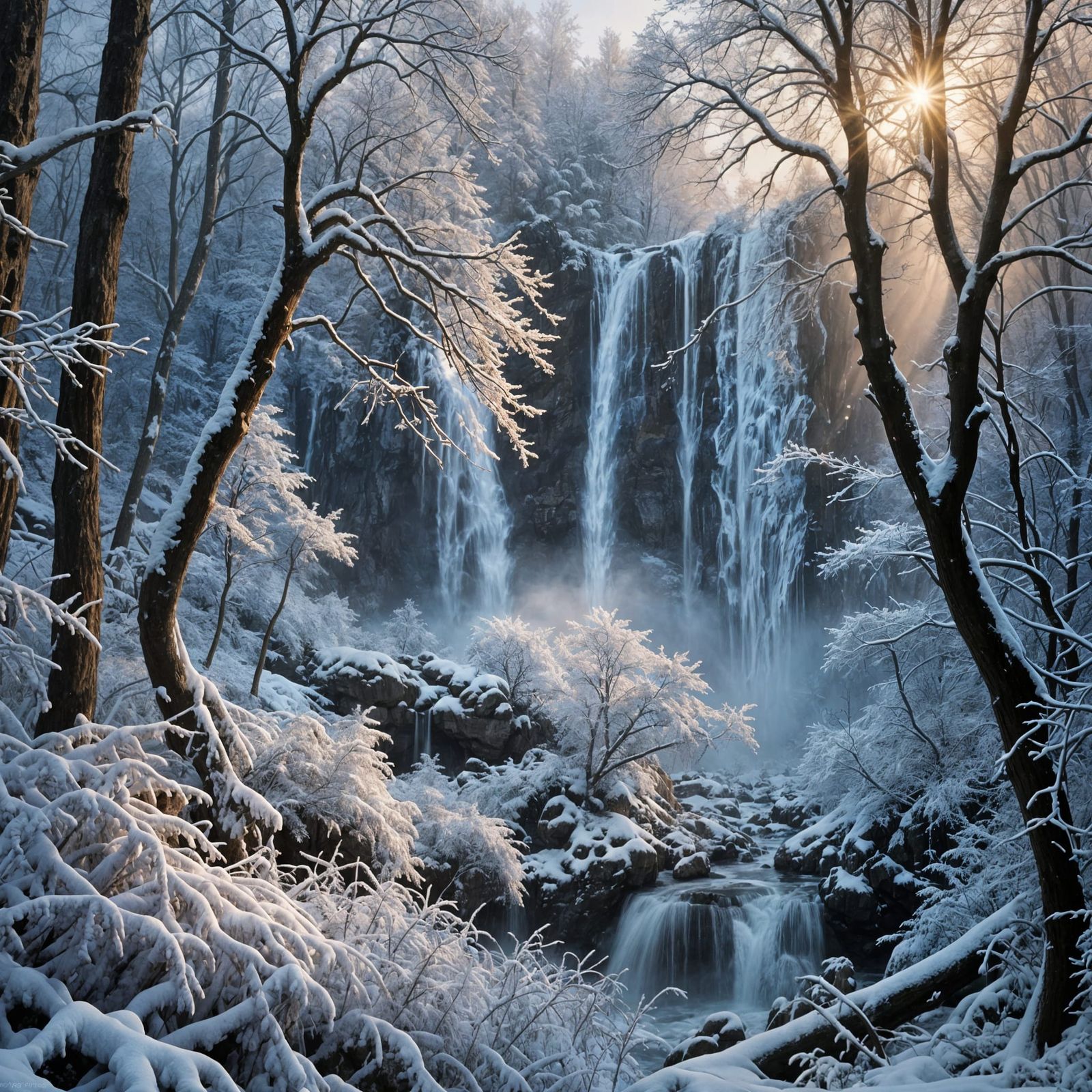 Epic Snowy Waterfall in Winter Forest
