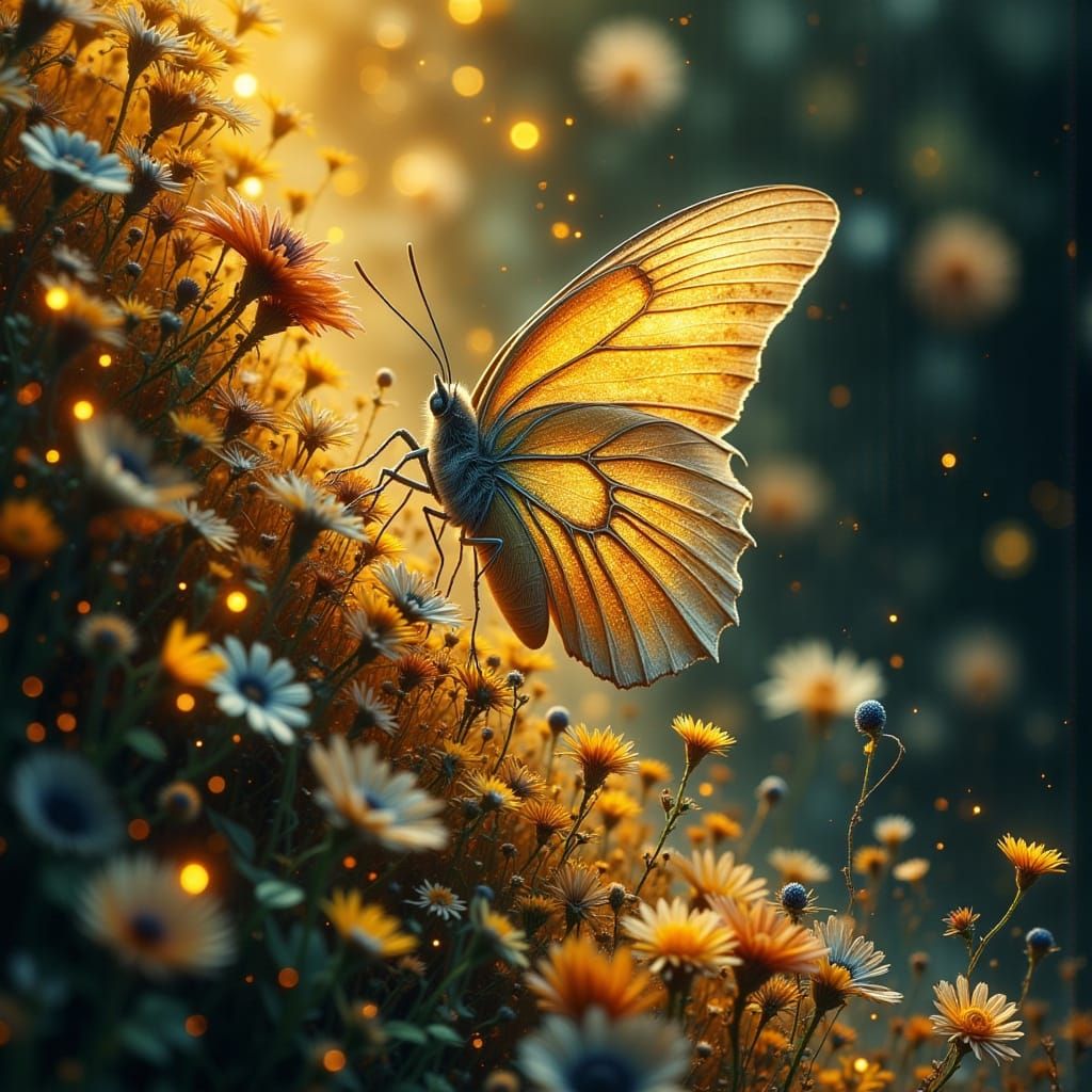 Butterfly on Golden Harp String in Surreal Style