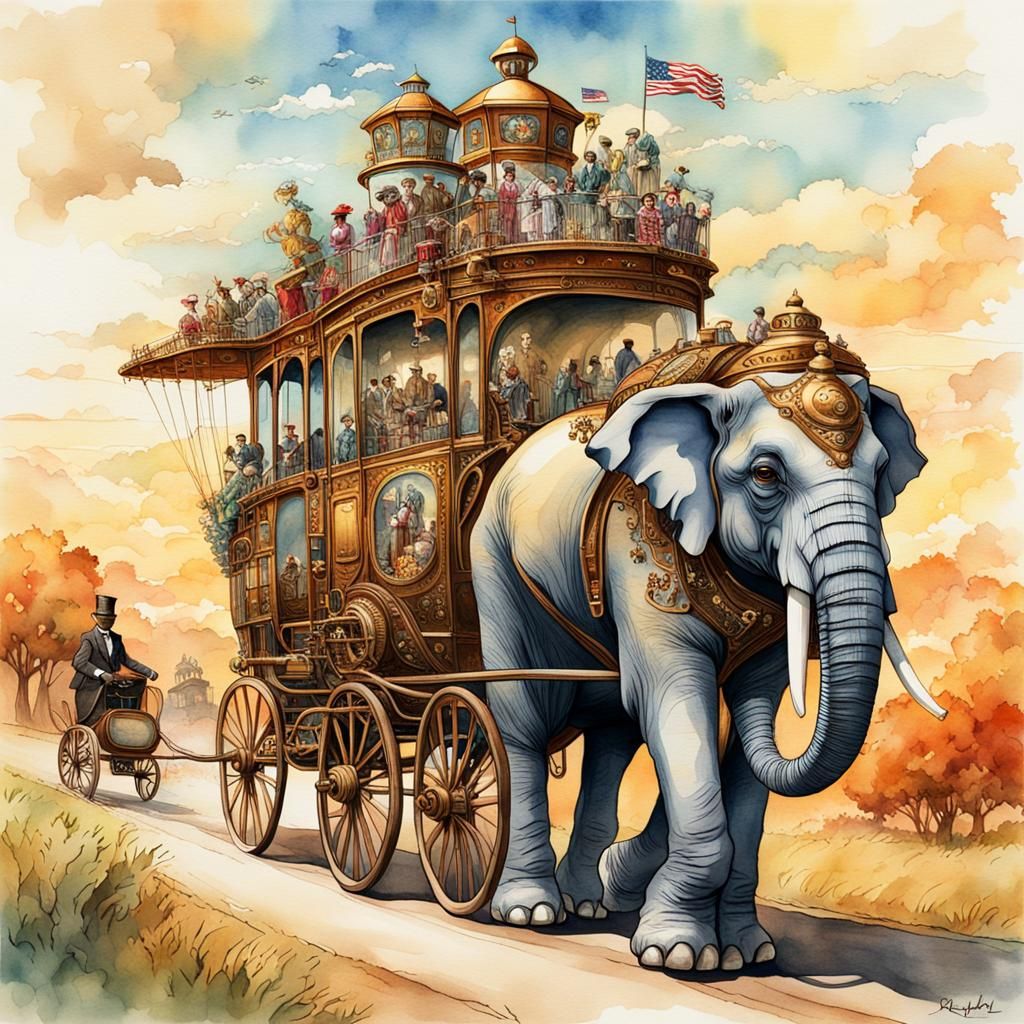 Steampunk Elephant Races Through Fantasy Landscape