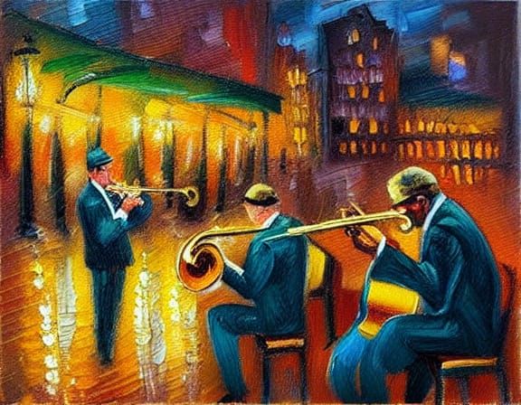 Vibrant Oil Painting of Parisian Jazz Cafe at Night