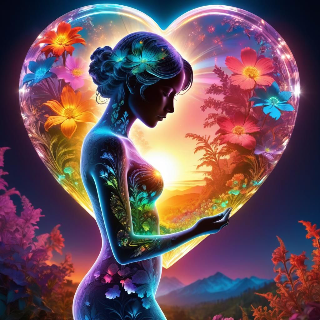 Bismuth Crystal Heart with Translucent Flower