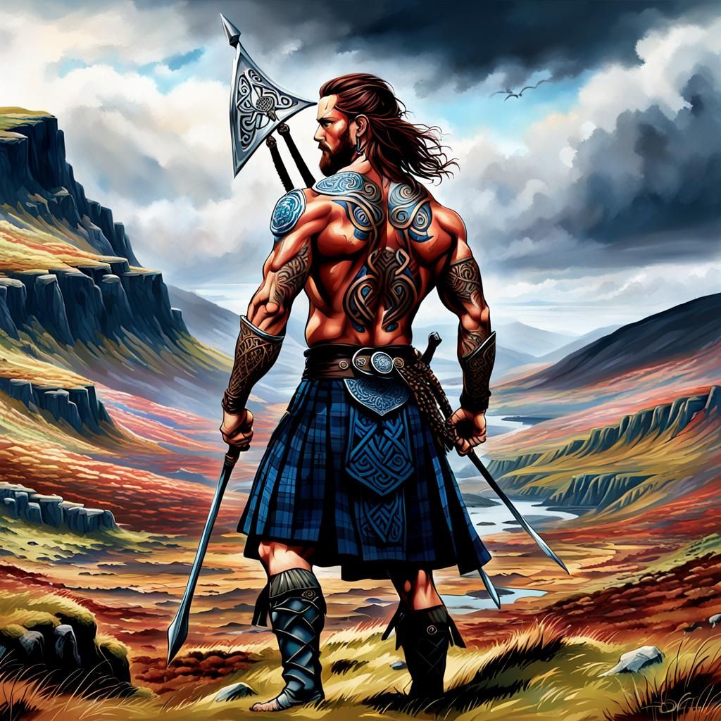 Celtic Warrior with Tribal Tattoos in the Highlands