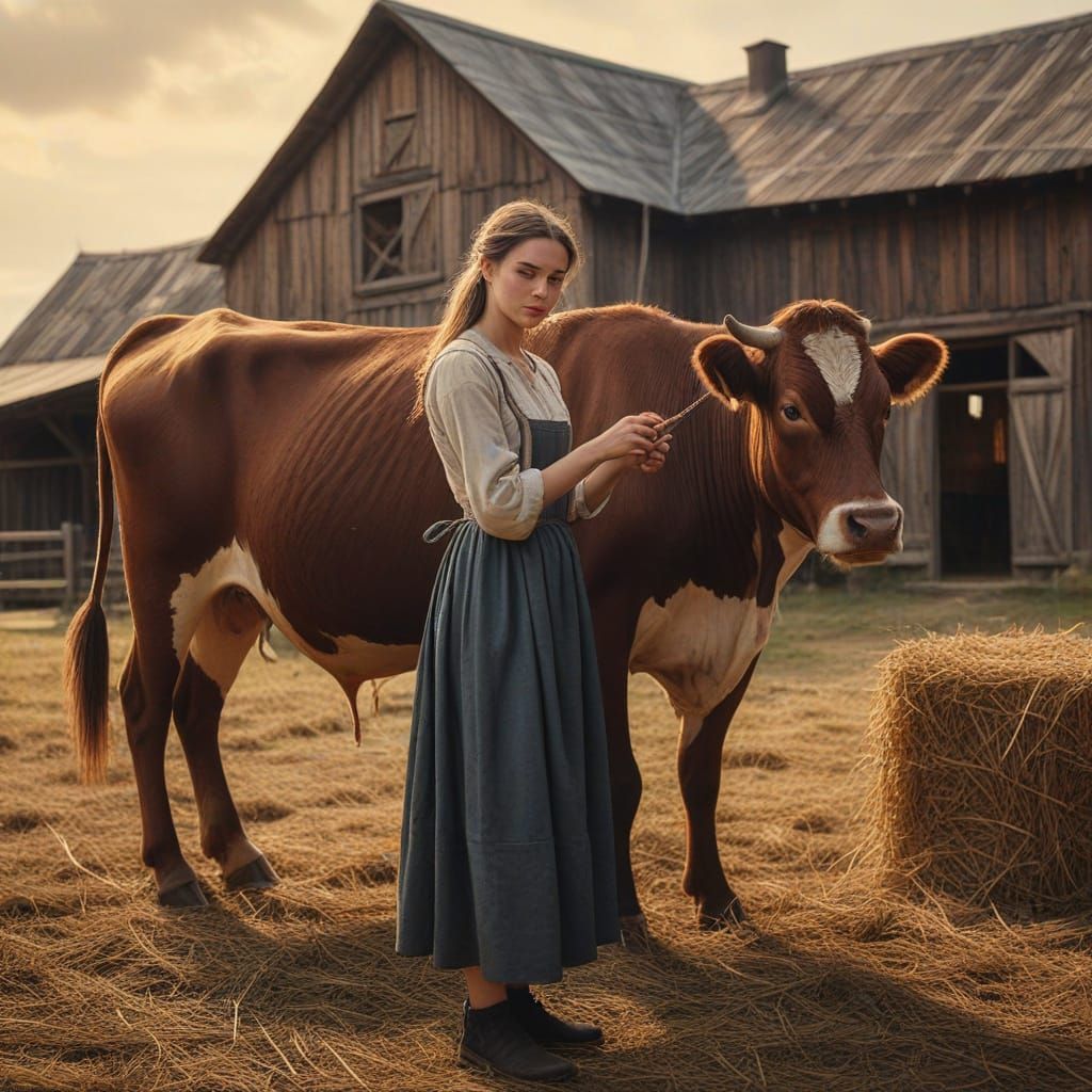 Medieval Peasant Girl Milking Cow in Rustic Barn