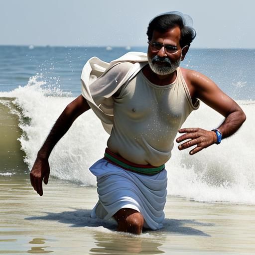 indian dad exiting water in a hurry