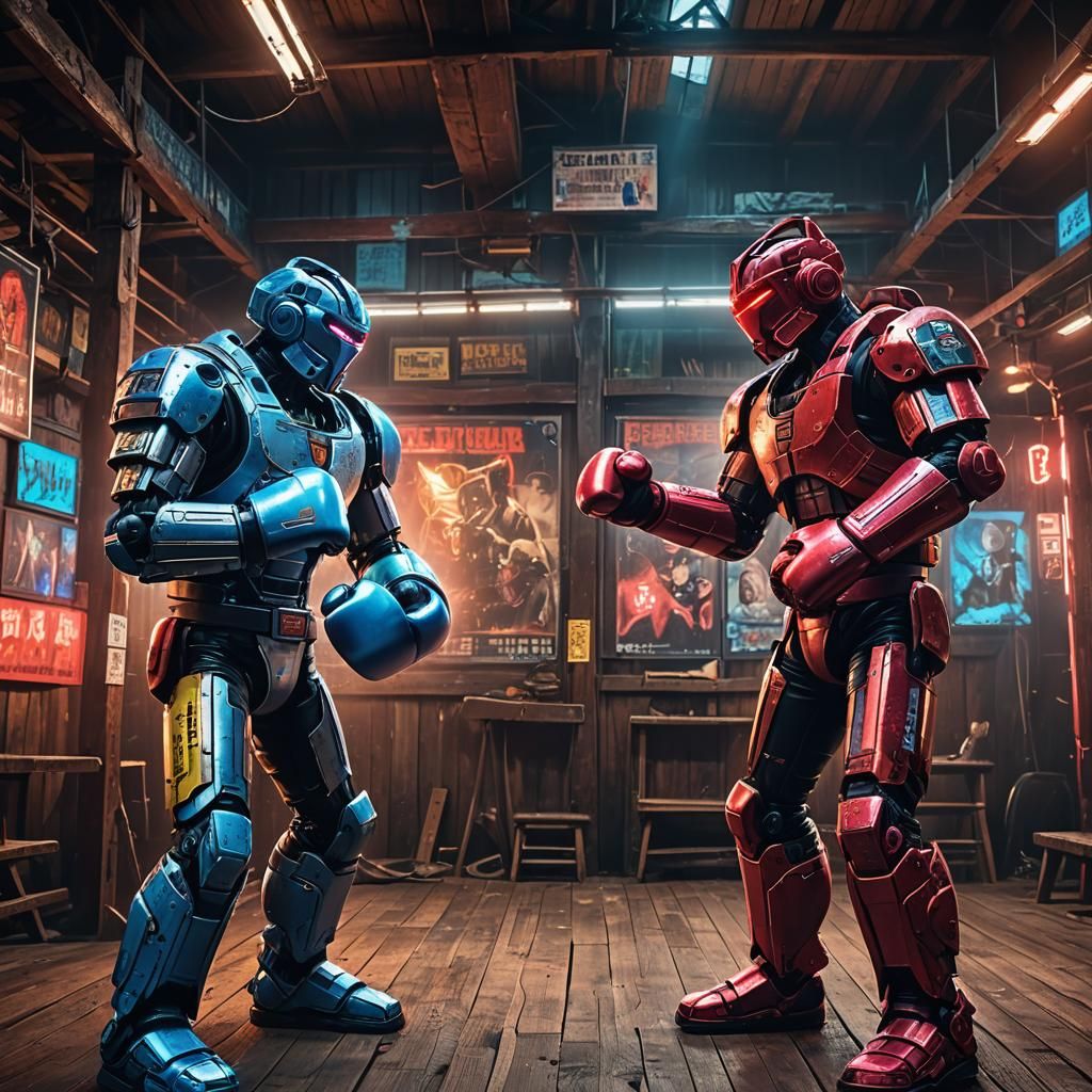 Cyberpunk Mecha Duel in Neon-lit Boxing Ring