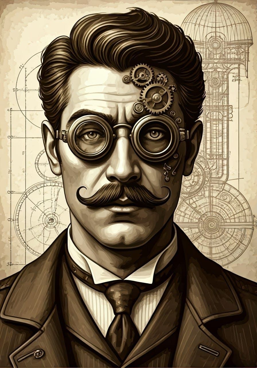 Steampunk Man Portrait with Gears and Monocle