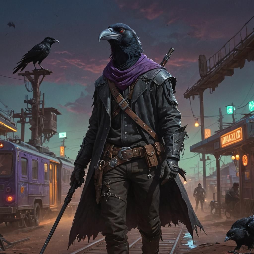 Kenku Outlaw and Crow in Cyberpunk Western Town