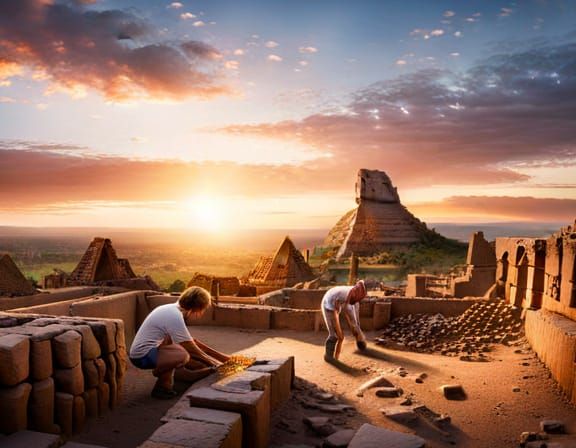 Early Man Archaeologist Dig Site at Sunset