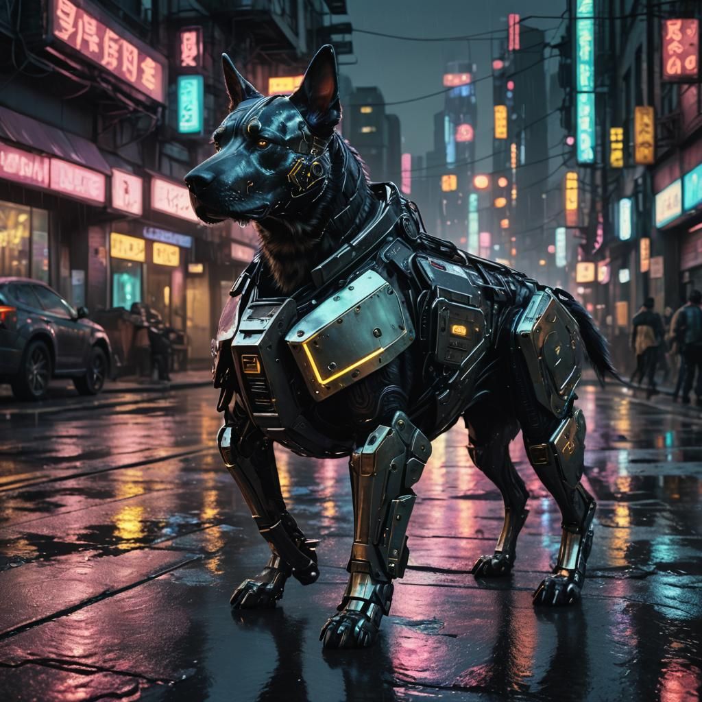 Armored Cyberpunk Canine Patrolling Gritty City Street