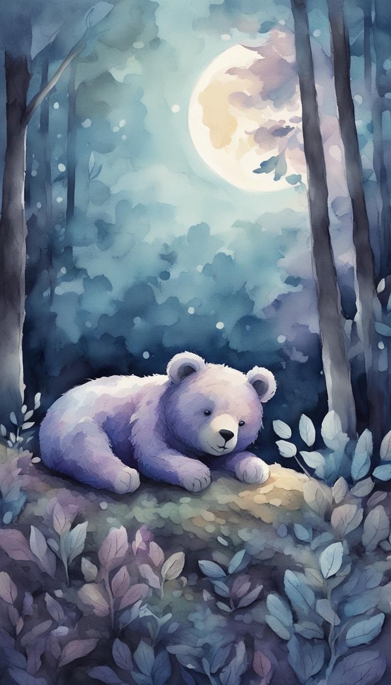 Teddy Bear Sleeping in Moonlit Forest Watercolor
