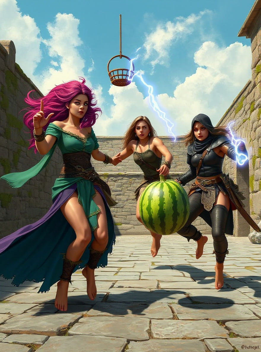 Fantasy Women Play Medieval Basketball on Stone Courtyard