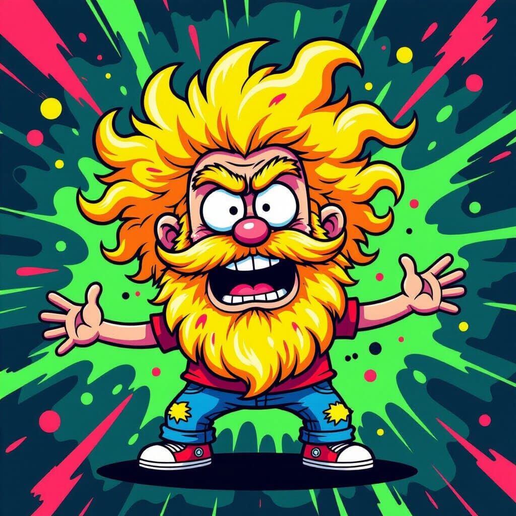 Chaotic Cartoon Man in Neon Ink Style