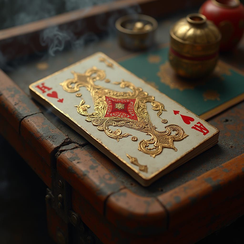 Gilded Playing Card in Moody, Futuristic Atmosphere