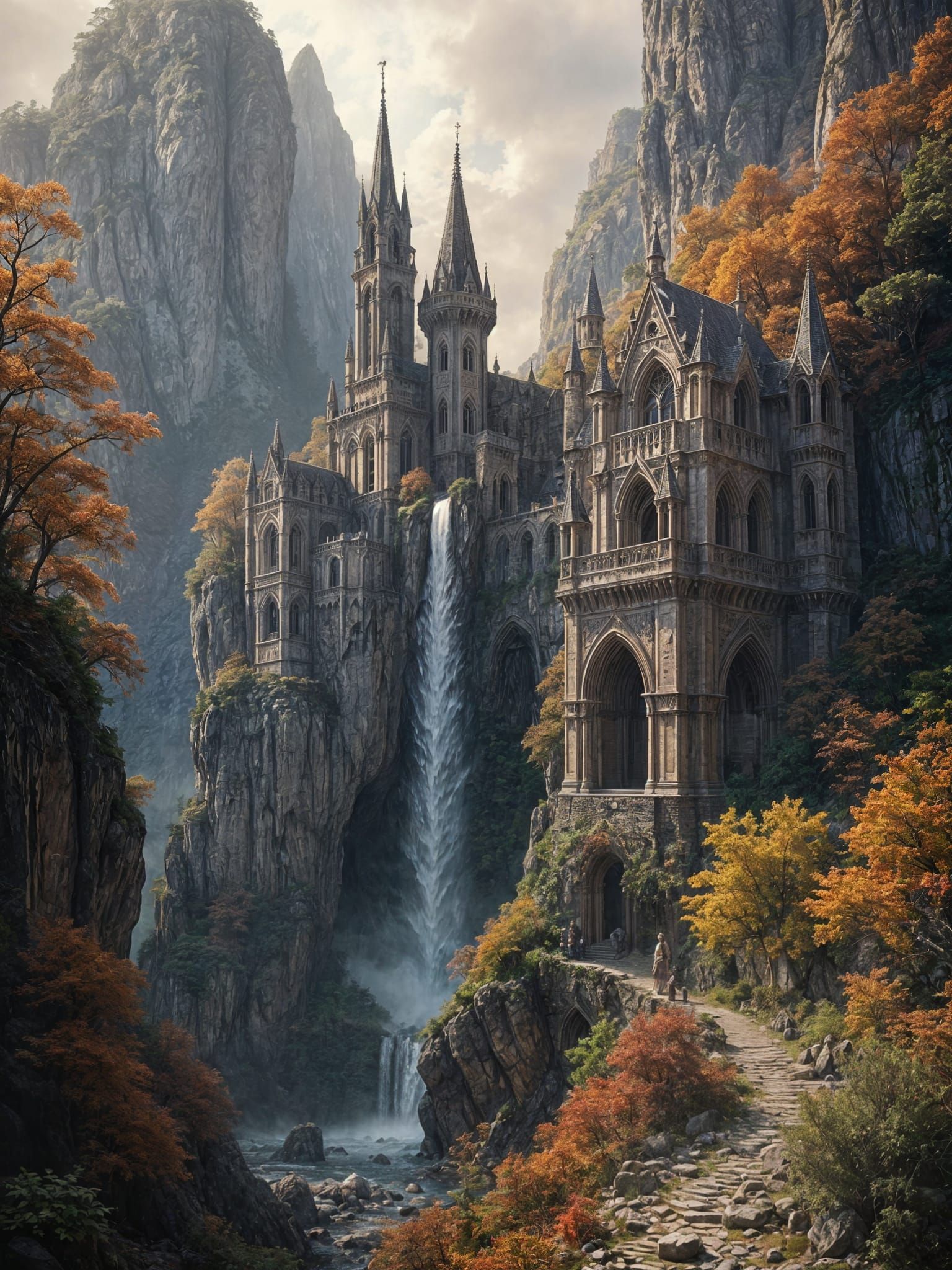 Ancient Gothic Ruins with Misty Waterfall in Autumn Palette
