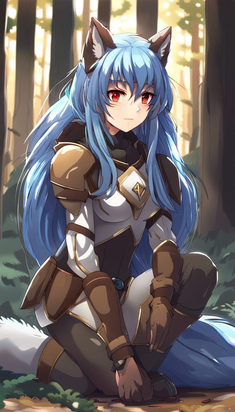 Anime Girl with Wolf in Forest