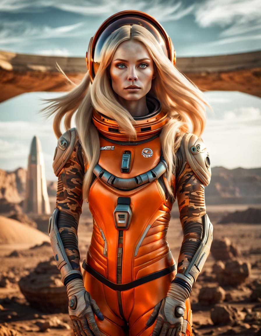 Venusian Alien Girl in Orange Camo Spacesuit