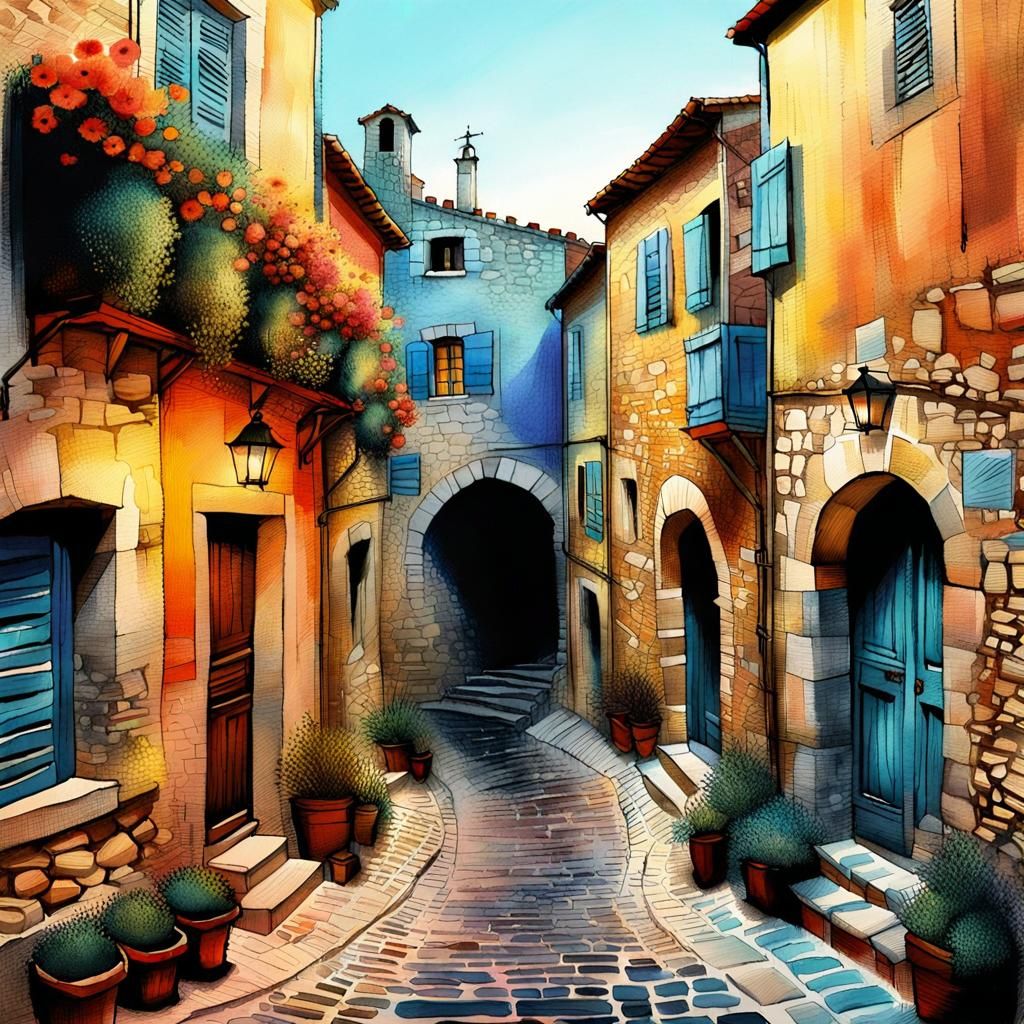 Medieval Cobblestone Street in Provence at Dawn