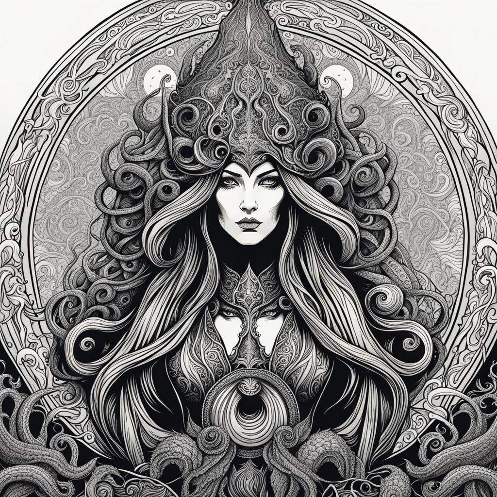 Cthulhu Witch Worship in Detailed Line Art