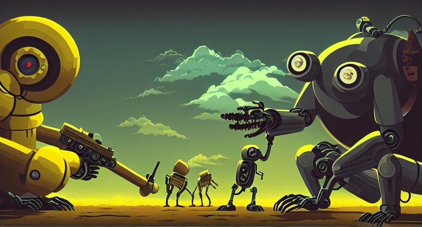 Robotic Monkey in Cyberpunk Warscape: Sci-Fi Horror Art