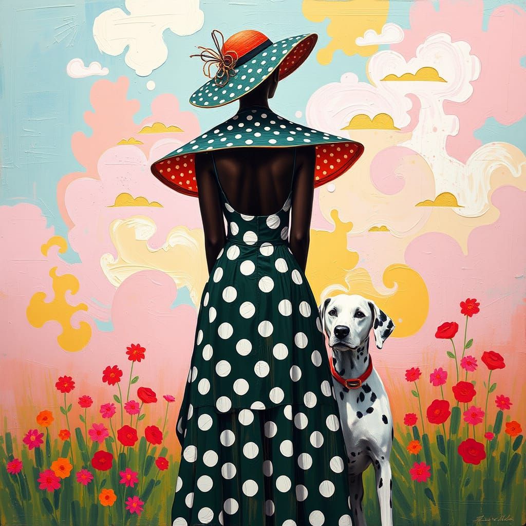 Polka Dot Dreamscape: Woman with Dalmatian in Afro-Surrealis...