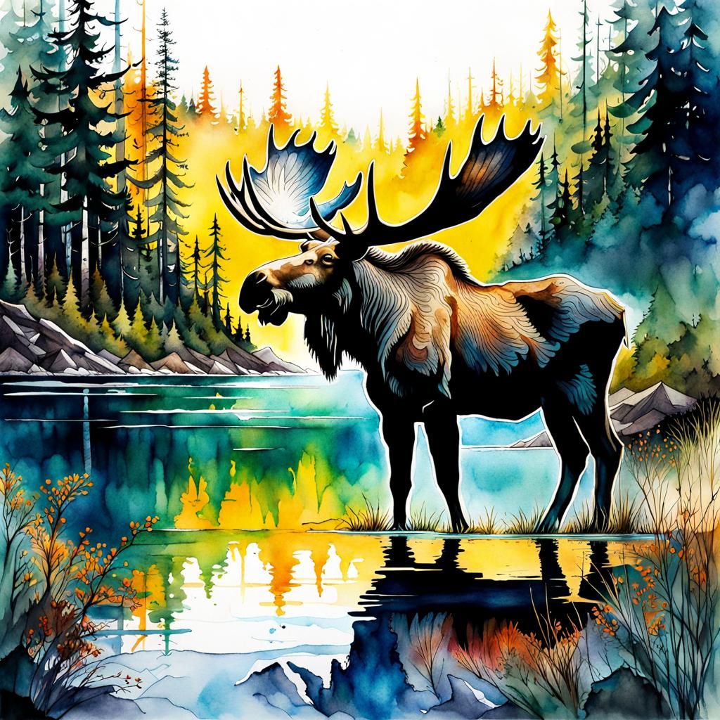 Watercolor Moose in Alaskan Lakescape Illustration