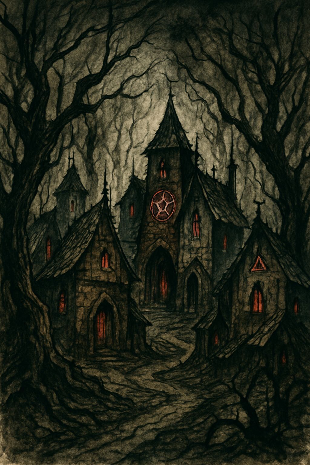Cursed Village in Dark Forest: Ink and Watercolor