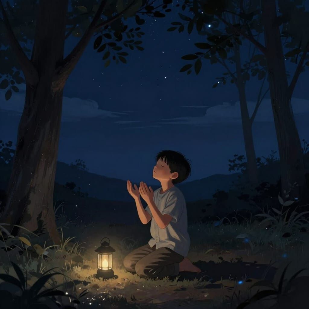Boy in Prayer Under Starless Night Sky