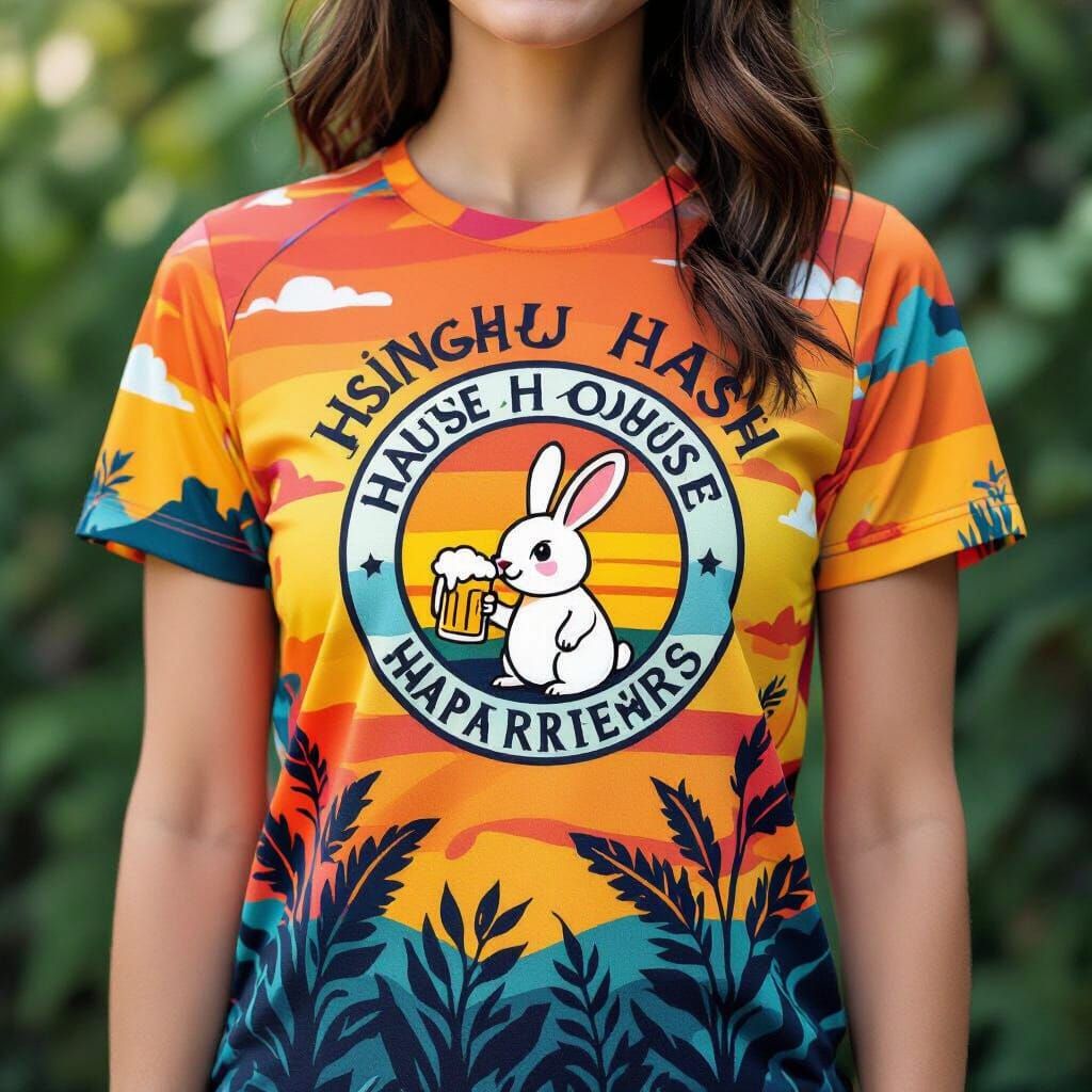 Runner's T-Shirt with Sunset Design and Cartoon Rabbit