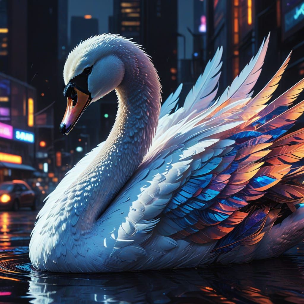 Swan in Cyberpunk Style with Neon Plumage