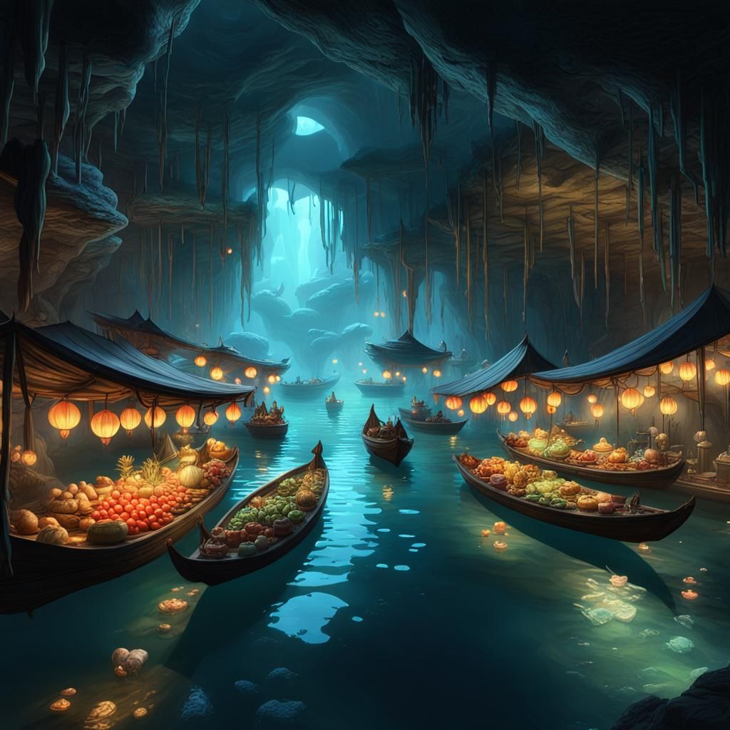 Mystical Floating Market in Bioluminescent Cave: Dark Fantas...