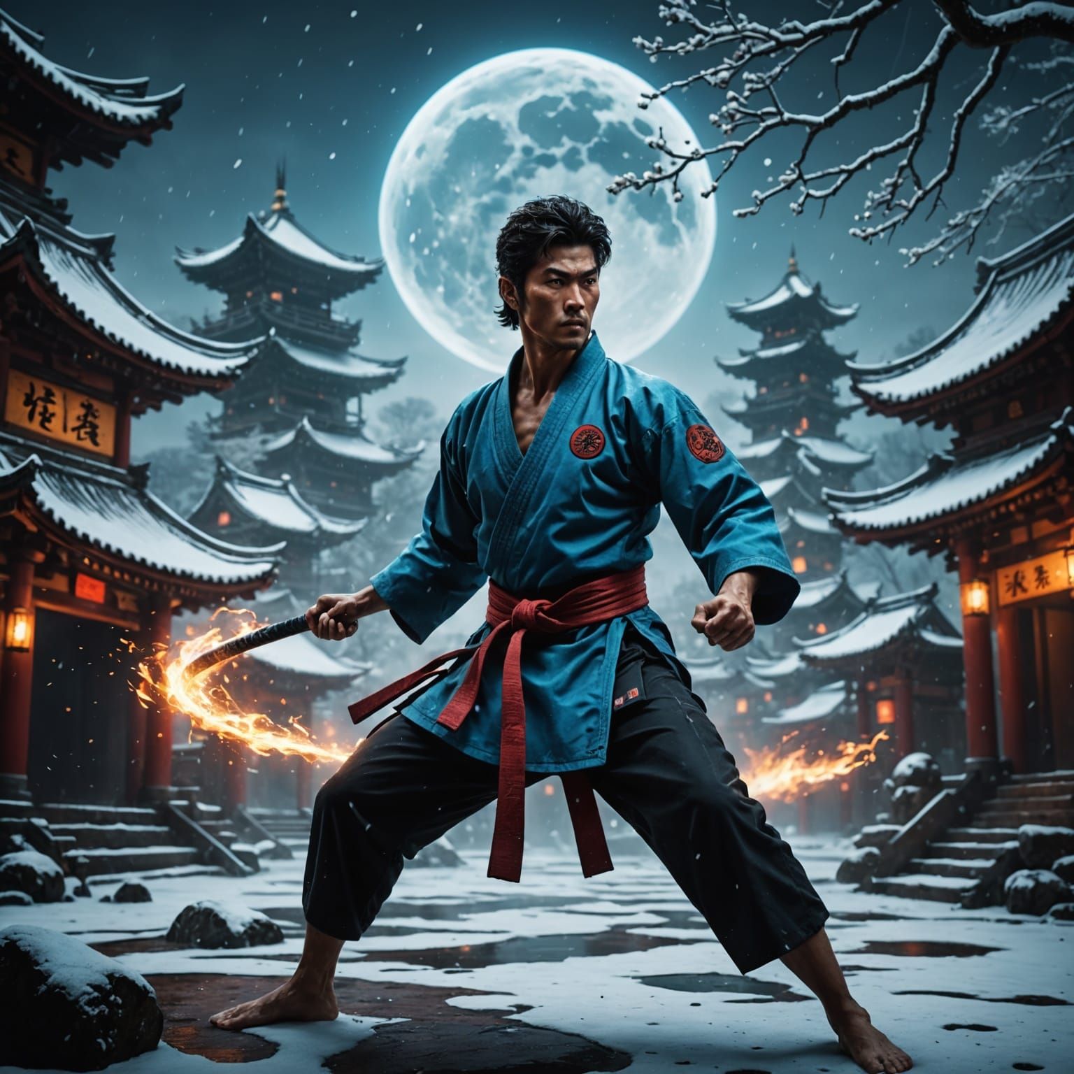 Epic Karate Scene in Frosty Darkness