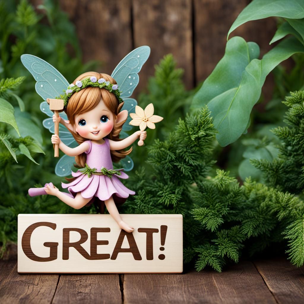 Cute Fairy Holding Sign That Displays "Great!"