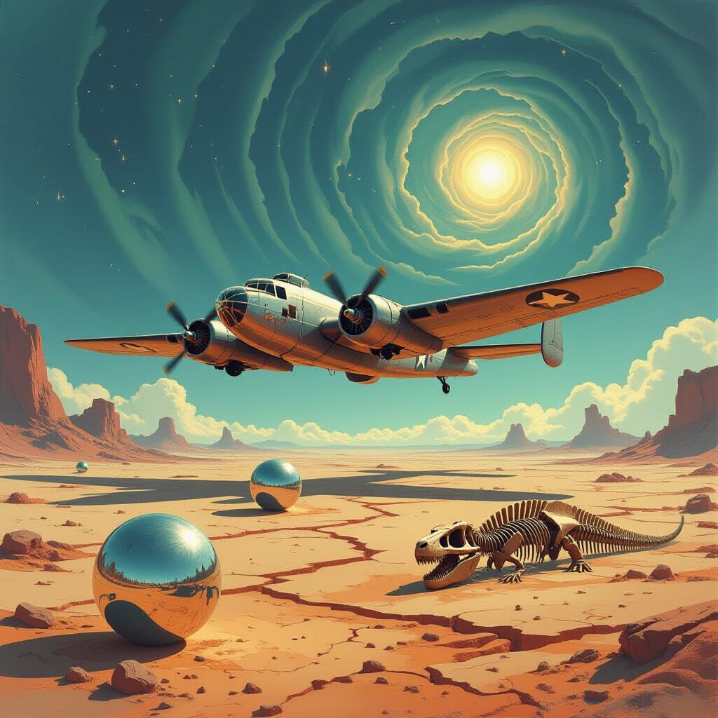 B-25 Bomber Over Alien World in Gritty Film Style