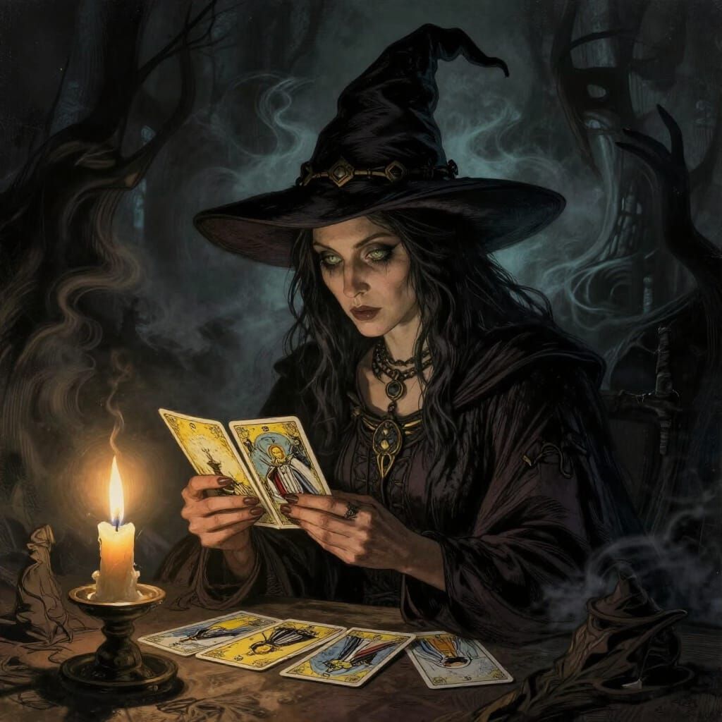 Mystical Witch Tarot Reading in Candlelight Shadows
