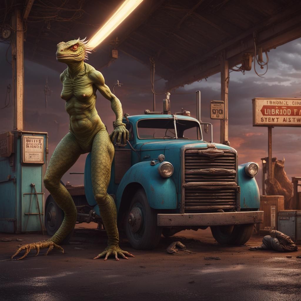 Rundown Truck Stop with Lizard Women: Fantasy Concept Art