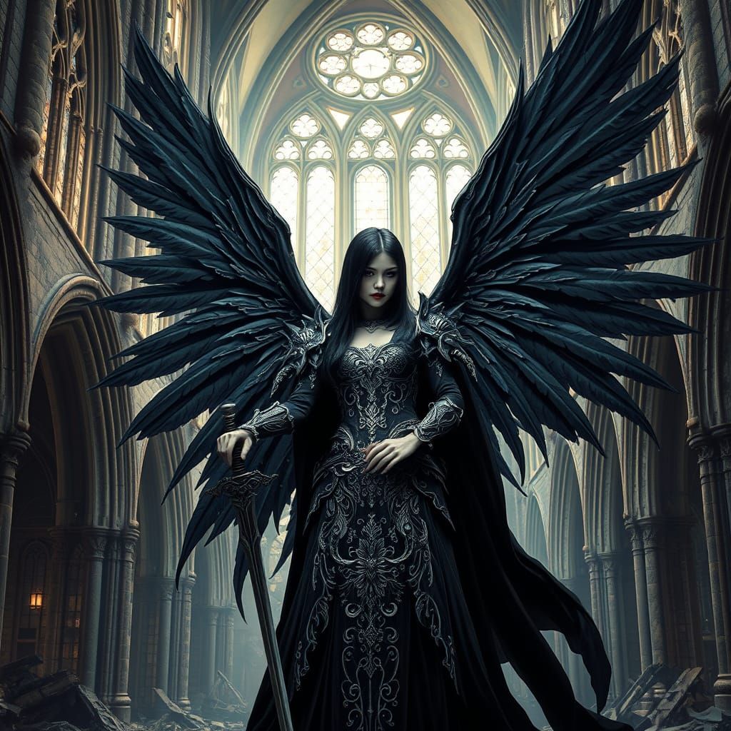 Gothic Angel of Death in Dark, Mystical Ruins