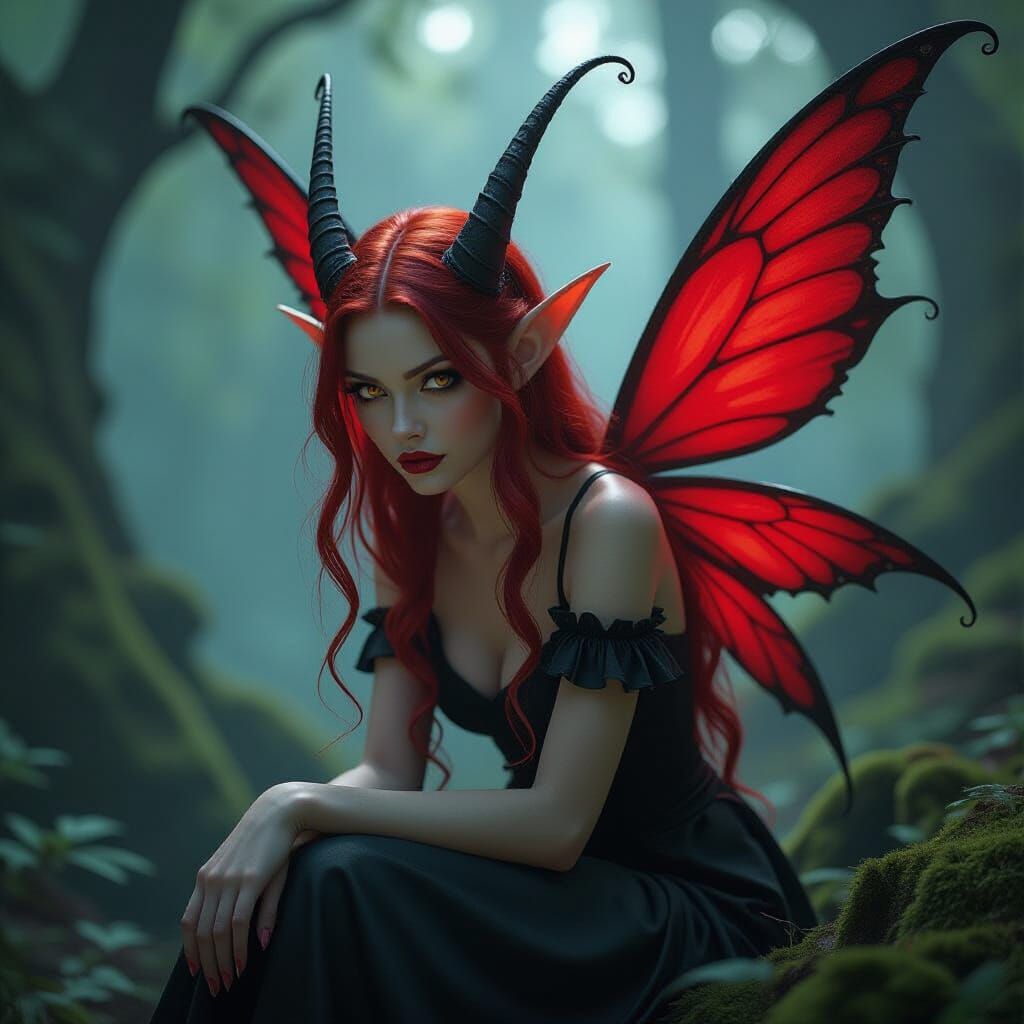 Evil Redcap Fairy with Fiery Hair in Cinematic Style