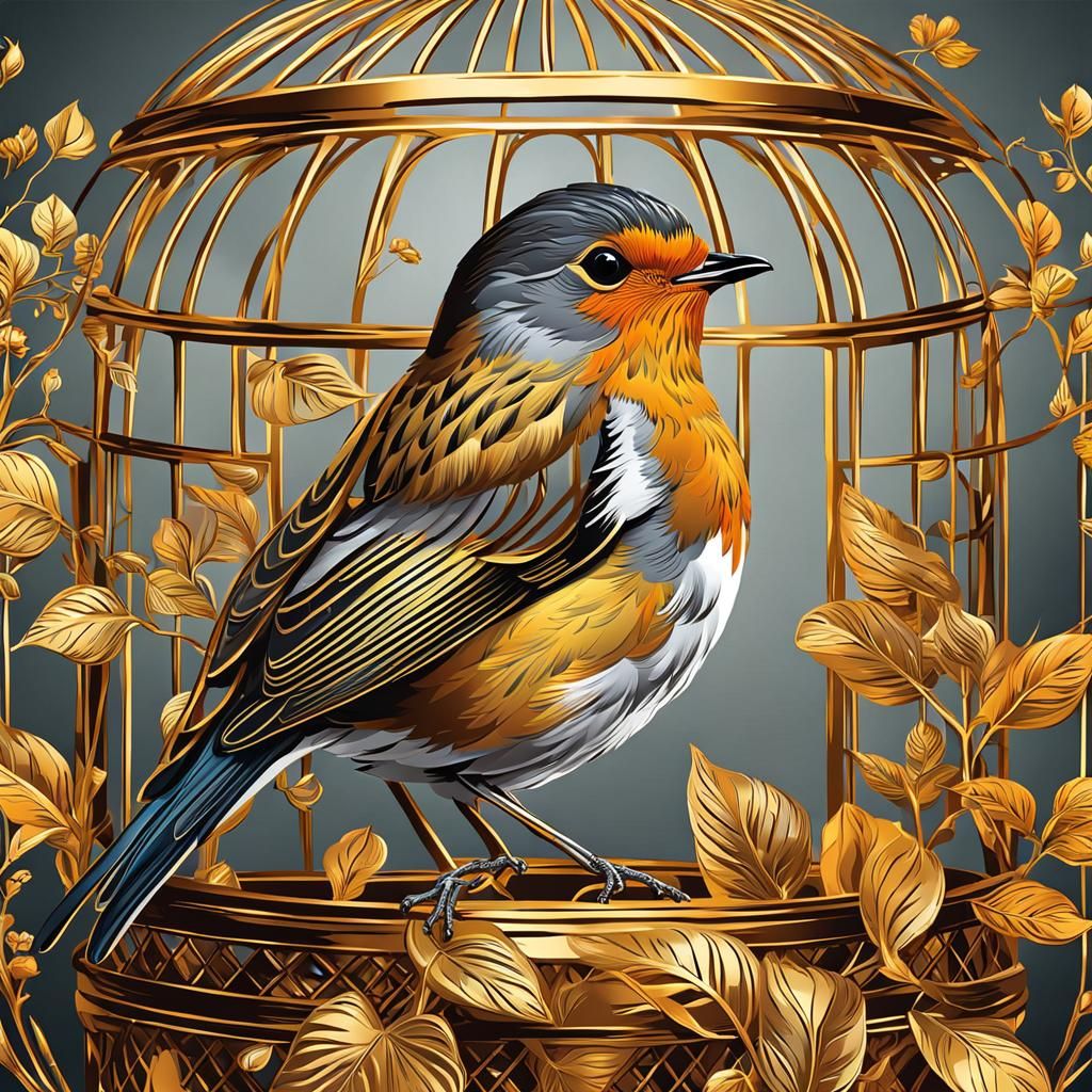 Robin in Golden Cage: Vector Art Illustration