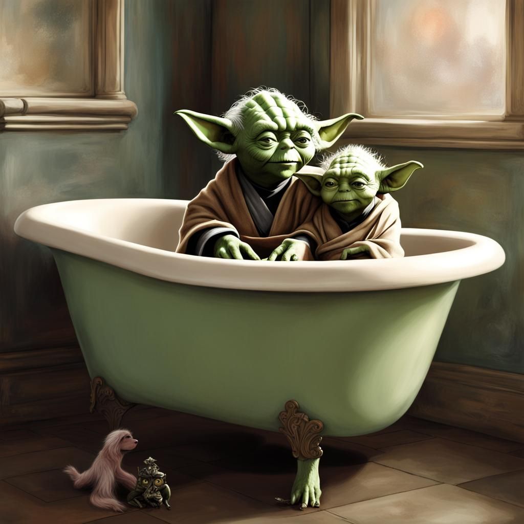 Yoda and Barbarella Cuddle in an Antique Tub