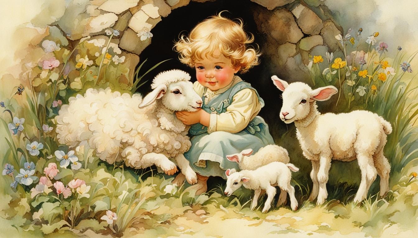 Happy Toddler and Lamb in Easter Fantasy Art