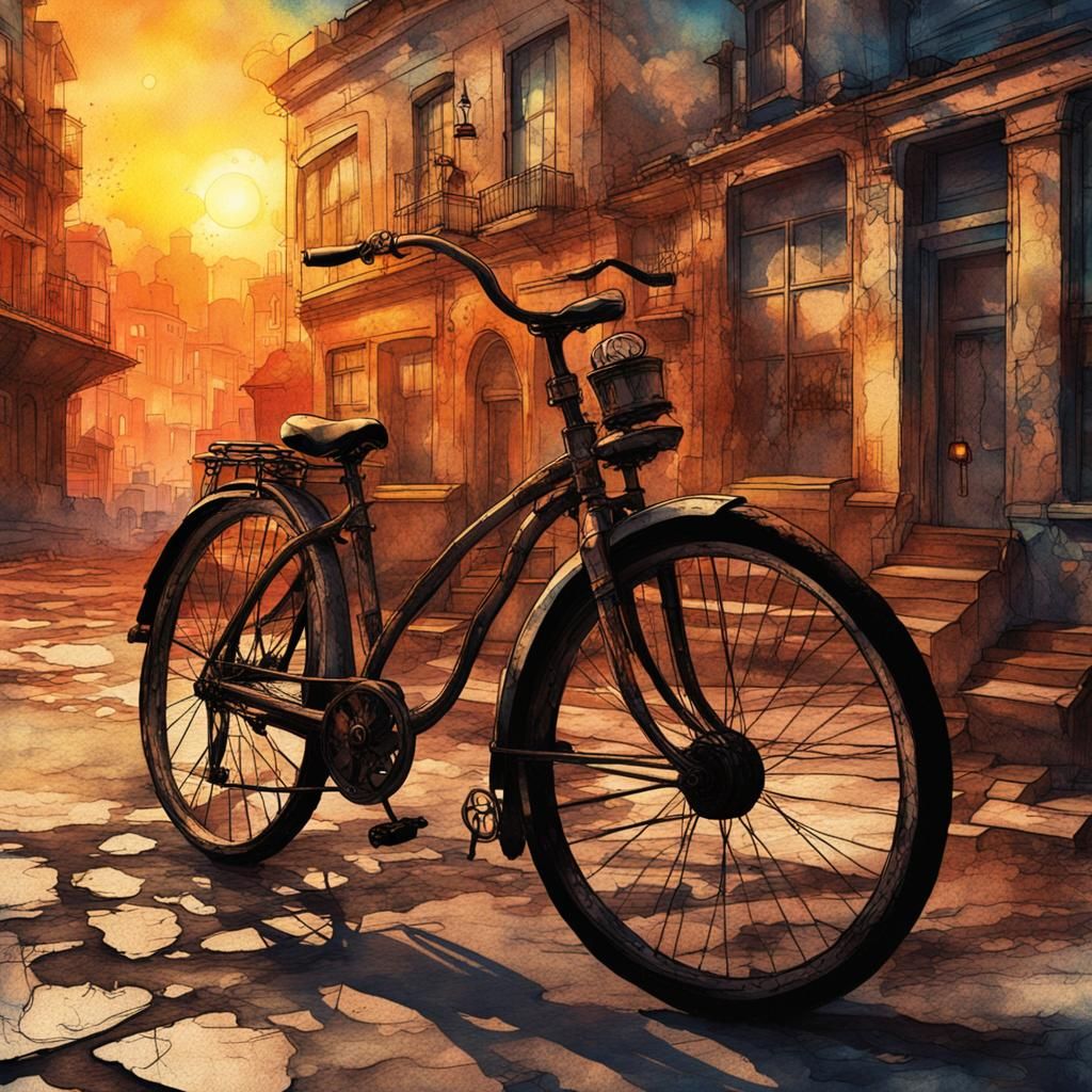 Steampunk Bike at Sunset in Ink Painting Style