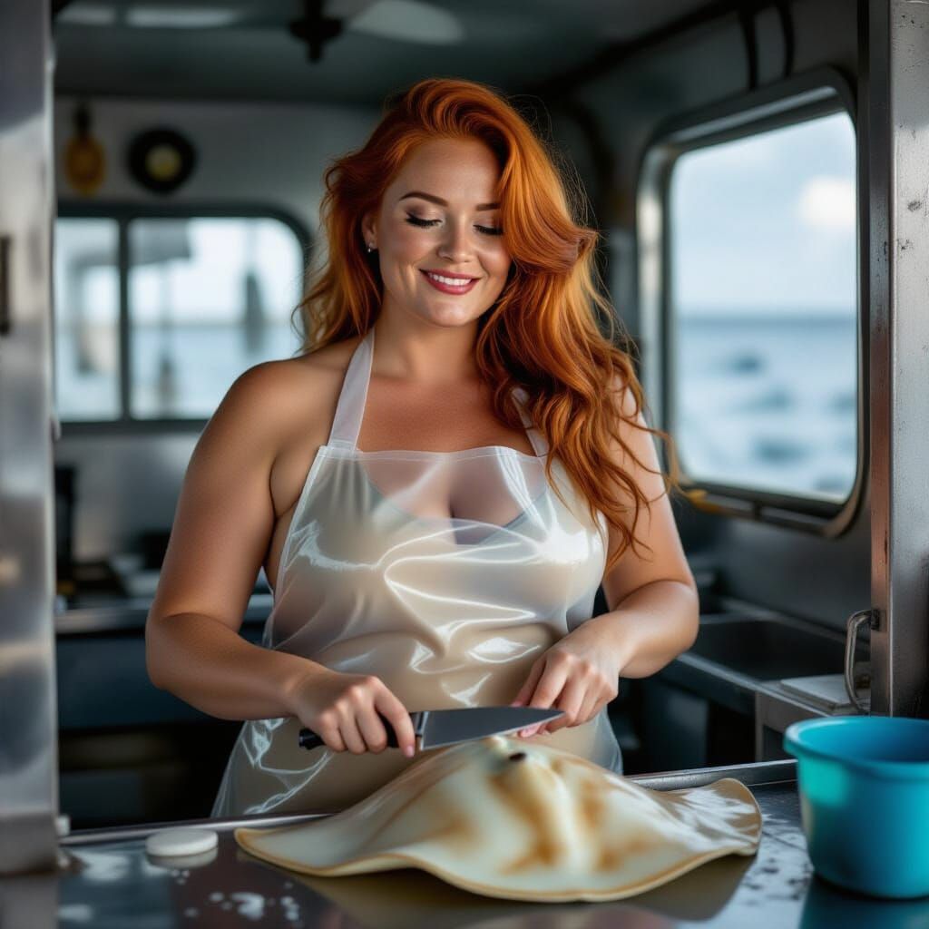 Redhead Fishmonger Cutting Manta Ray, Hyperdetailed