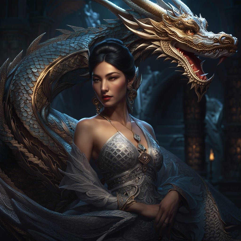 Diamond Dragon and Woman in Dark Fantasy Style