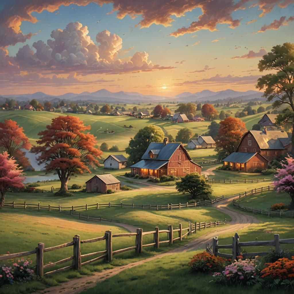 Picturesque Dairy Farm at Sunset as Matte Painting