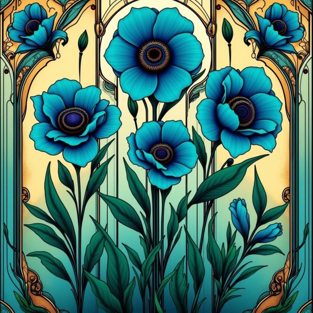 Art Nouveau Flowers in Turquoise and Violet