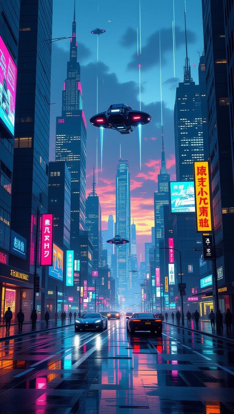Hyperrealistic Futuristic Cityscape at Dusk
